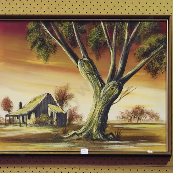 framed oil - outback house and tree