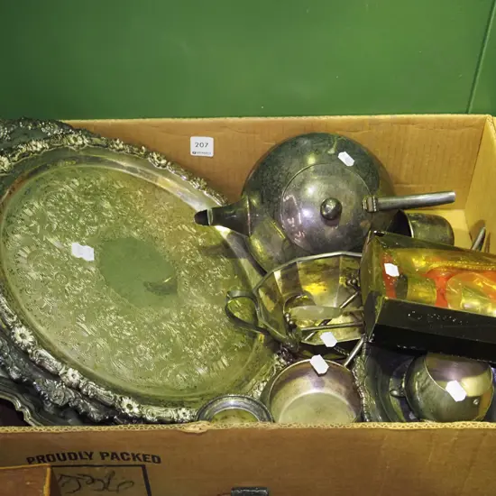 box of plated ware; trays, sugars etc