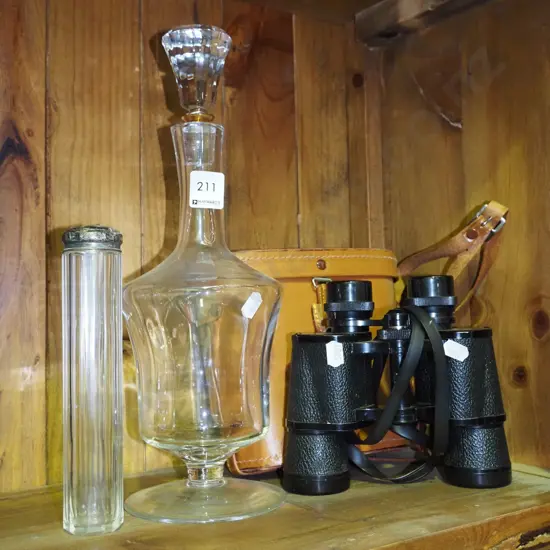 decanter, canister, pair of 7x30 binoculars