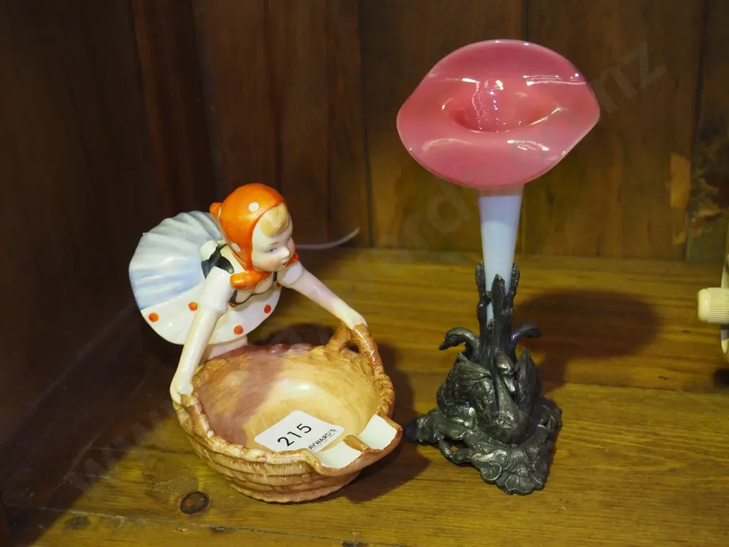 glass lily vase, Hummel girl and basket ashtray Image 1++