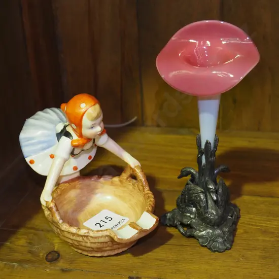 glass lily vase, Hummel girl and basket ashtray