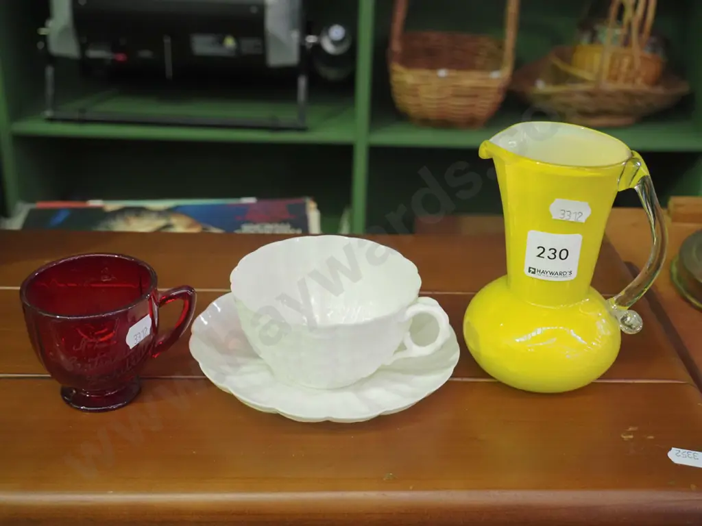 Belleek cup, saucer, NZ Exhibition ruby cup, yellow ewer vase Image 1++