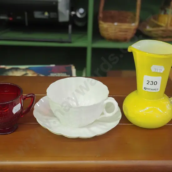 Belleek cup, saucer, NZ Exhibition ruby cup, yellow ewer vase