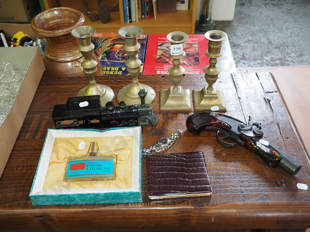 4x brass candlesticks, 3 novelty bottles of cologne, watch etc Image 1++