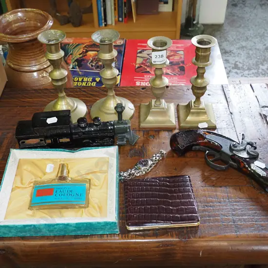 4x brass candlesticks, 3 novelty bottles of cologne, watch etc