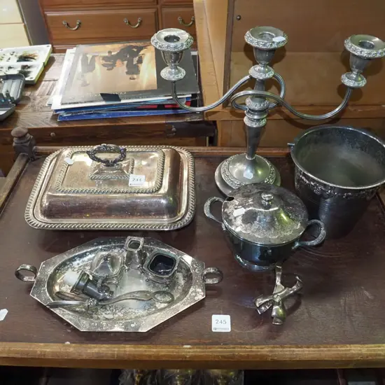 plated ware, candelabra, lidded vege, tray etc