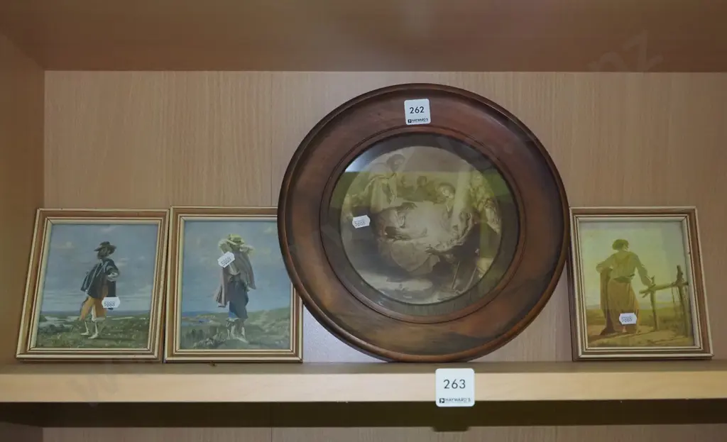 3x small rectangular prints, 1x religious print in circular frame Image 1++