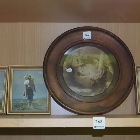 3x small rectangular prints, 1x religious print in circular frame