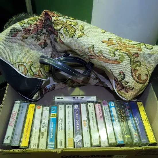 1980s tape cassettes, small fabric and vinyl holdall