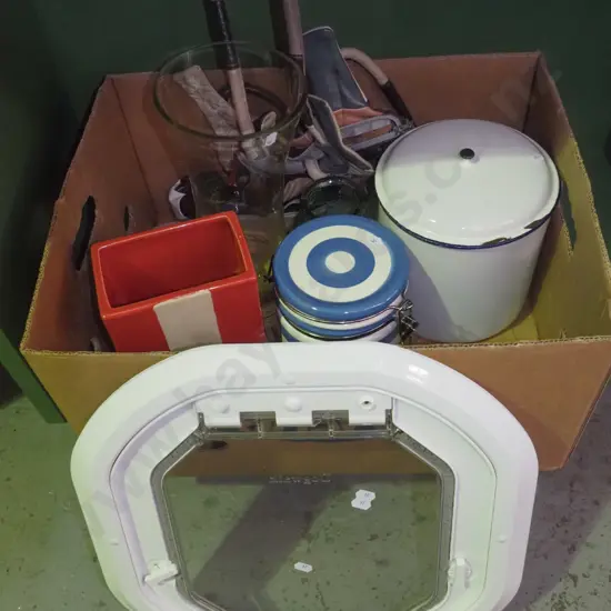 boxed cat door, glass vase, hand bag, enamel canister etc