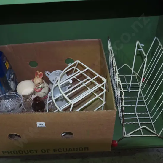 retro magazine rack, covered plate rack, glass bowls etc