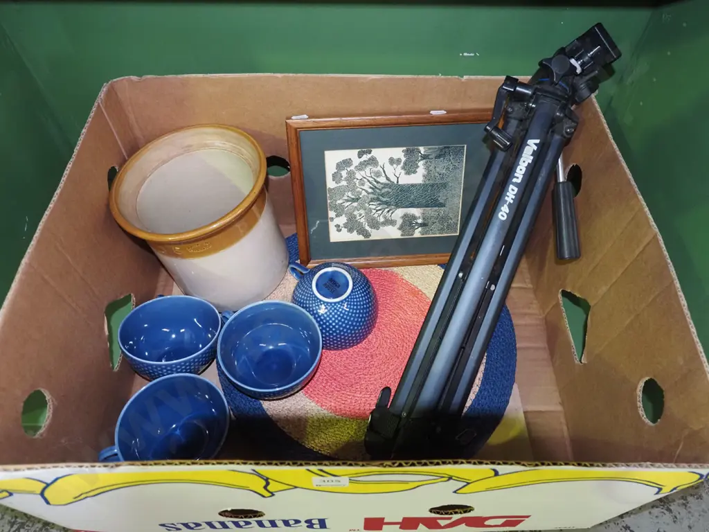 box; tripod, print, cups, crock etc Image 1++