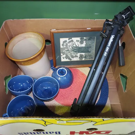 box; tripod, print, cups, crock etc