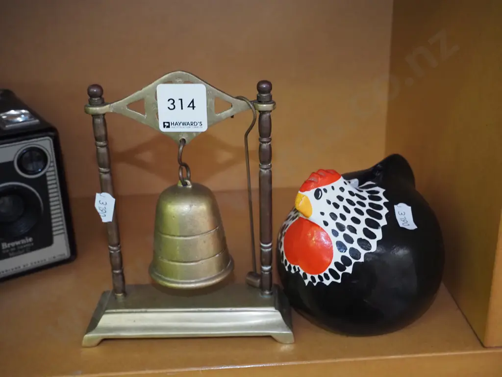 brass bell on stand, happy hen Image 1++