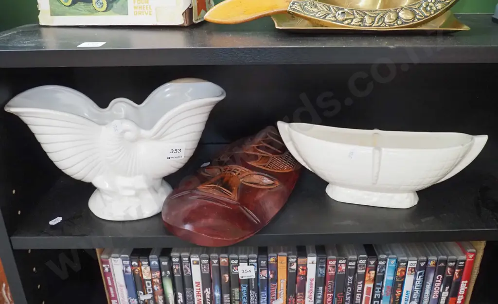 Crown Lynn nautilus vase - damage, Crown Lynn vase, ethnic wooden mask Image 1++