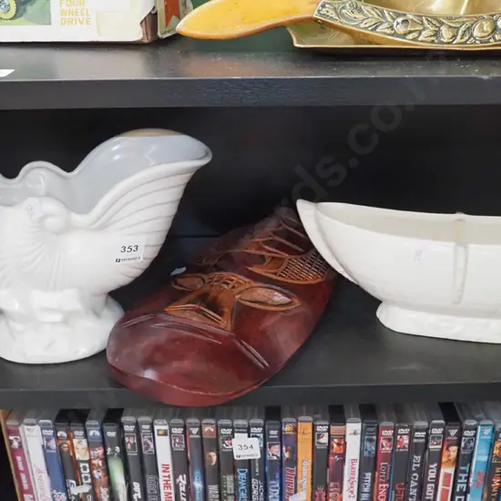 Crown Lynn nautilus vase - damage, Crown Lynn vase, ethnic wooden mask