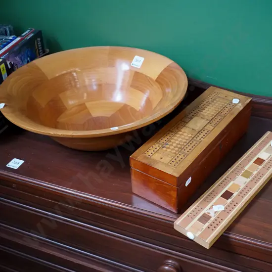 recycled kauri bowl, 2x mixed timbers cribbage scorers