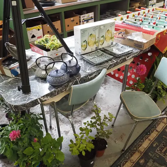 faux marble top formica extending dining with 2x teal vinyl chairs H-780 W-1590 D-810