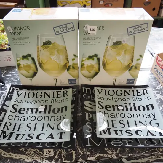 4x square glass plates, 2x boxes of as-new wine glasses