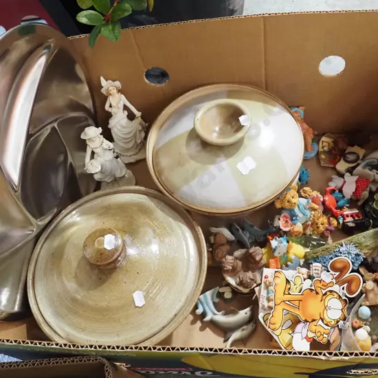 box; figurines, pottery casseroles, stainless steel tray