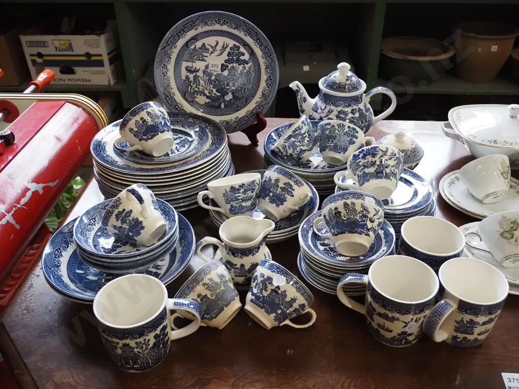 large assortment of Churchill willow items; teapots, cups, plates Image 1++