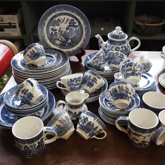 large assortment of Churchill willow items; teapots, cups, plates