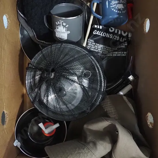 box; camping pots, pans, plates, hats etc