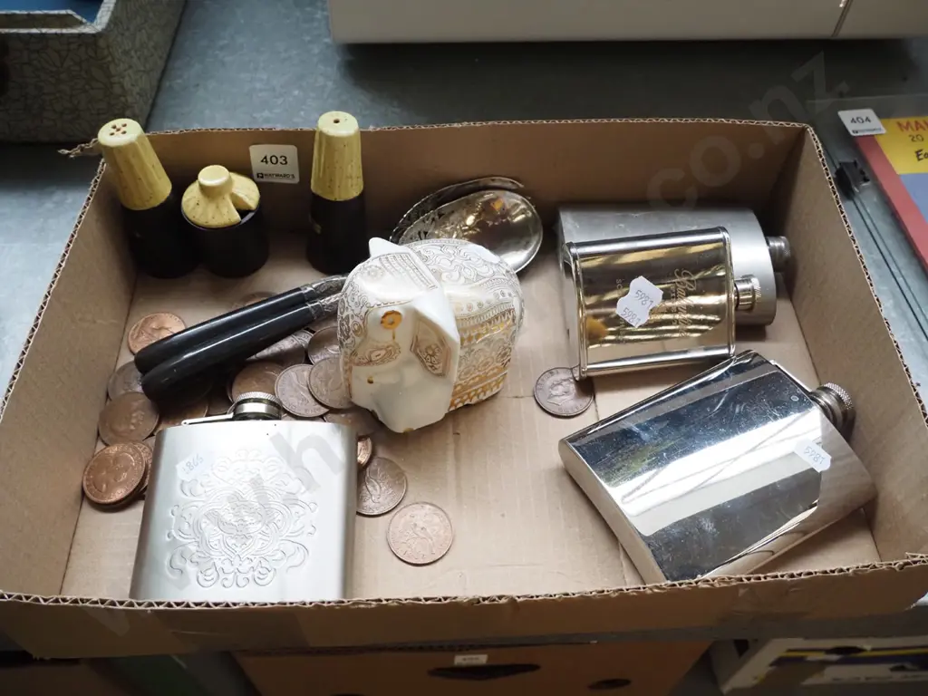 box; hip flasks, elephant figurine, coins etc Image 1++