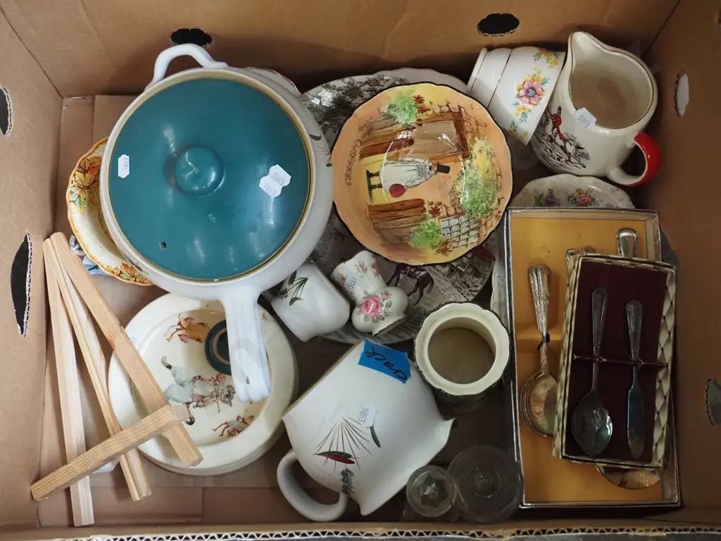 box; bowls, cutlery, Denby green wheat casserole etc Image 1++
