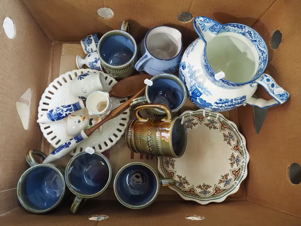 box; Wade coffee mugs, blue and white wash jug, servers etc Image 1++