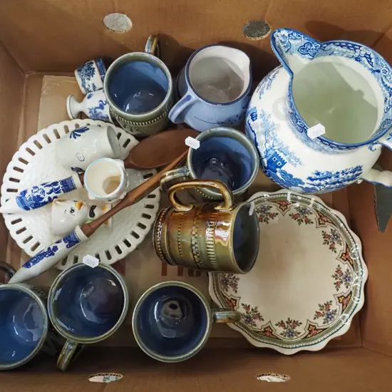 box; Wade coffee mugs, blue and white wash jug, servers etc