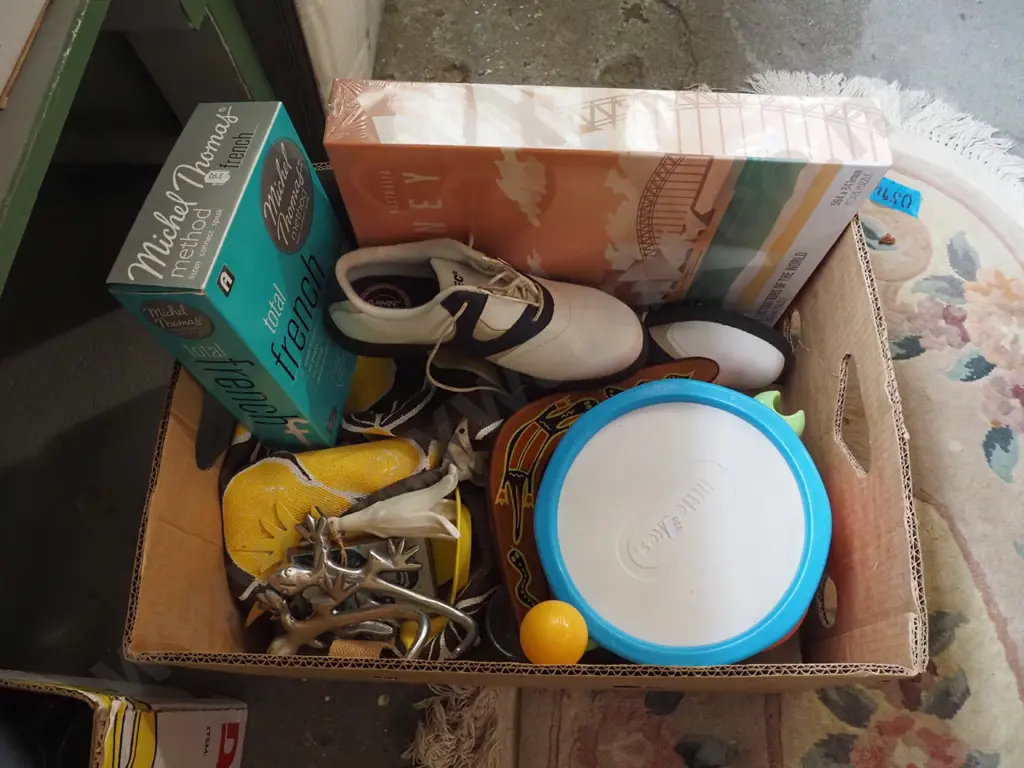 box; ladies size 7 sprigged shoes, puzzle, toy drum etc Image 1++