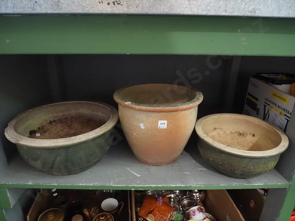 3x glazed garden planters - 1 has chips to rim Image 1++