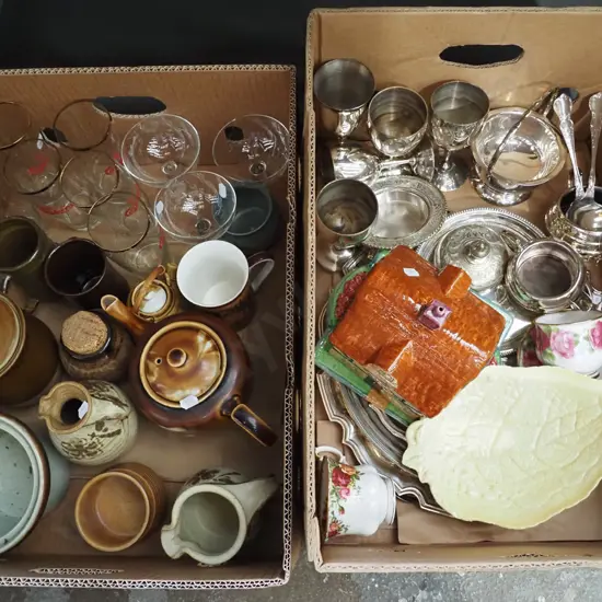 2x boxes; glasses, teapots, leaf dishes, Royal Albert trio etc - yellow dots