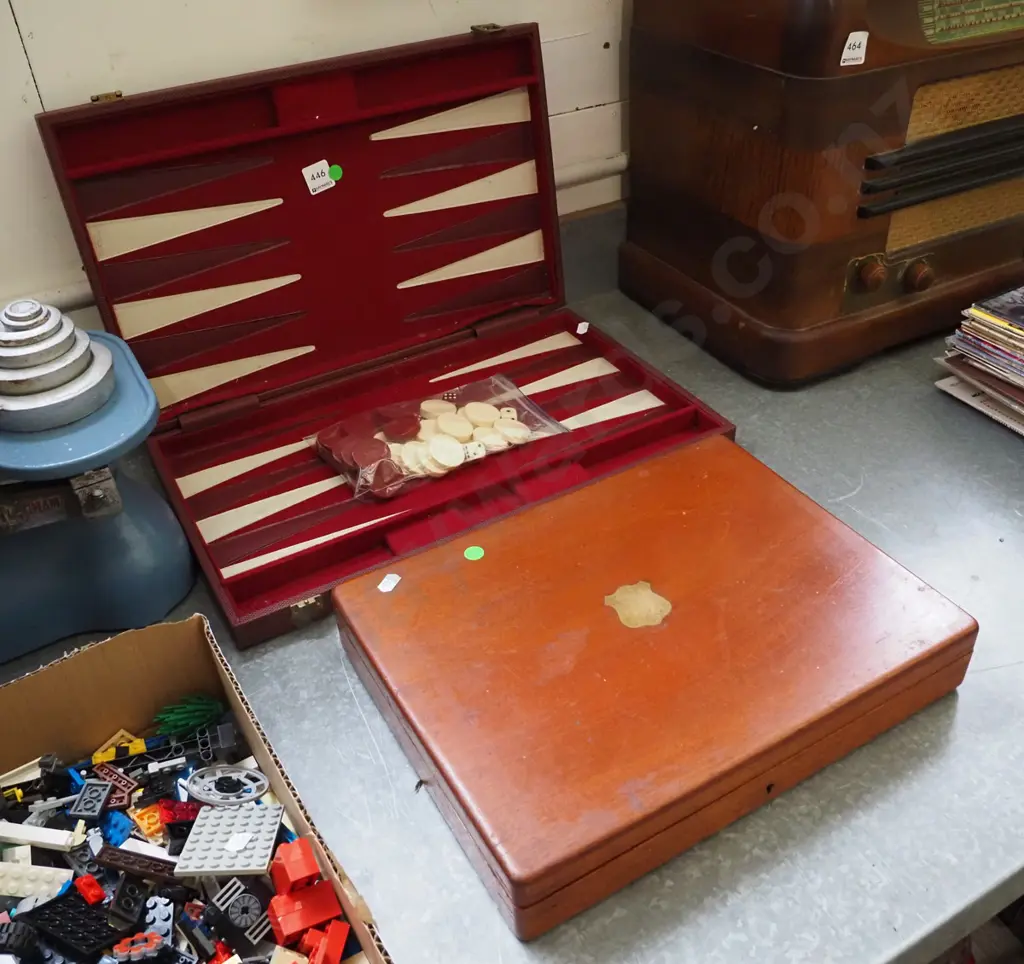 backgammon board, mahogany chest with saw blades and cutlery - green dots Image 1++