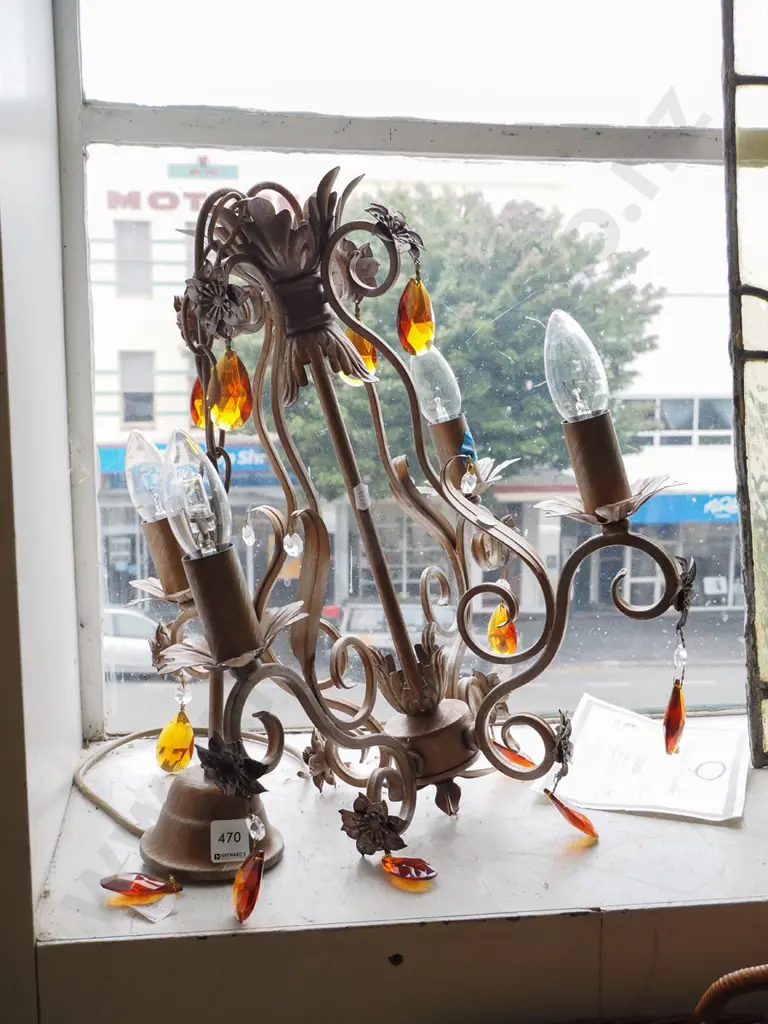 4 bulb ornate pendant light fitting with amber lustres Image 1++