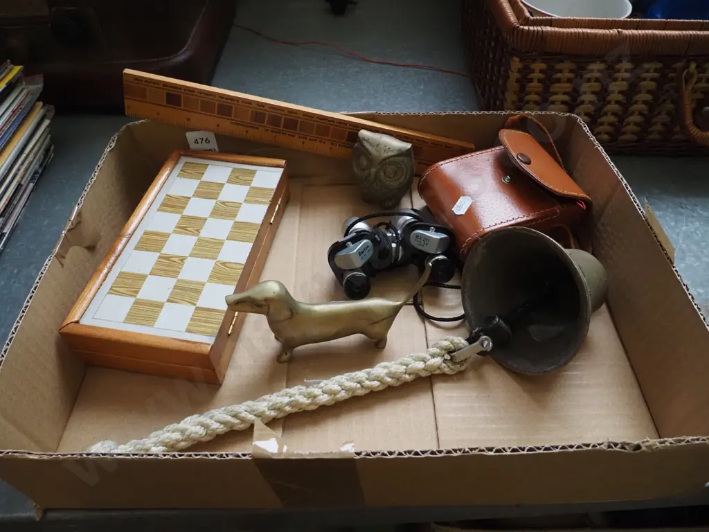 box; brass bell, binoculars, chess etc Image 1++
