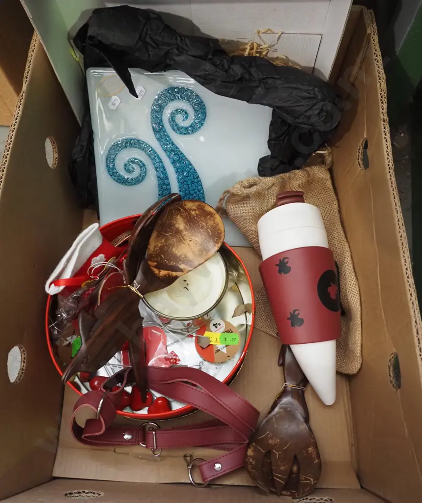 art glass square plate, goat horn coffee mug, serving utensils etc Image 1++