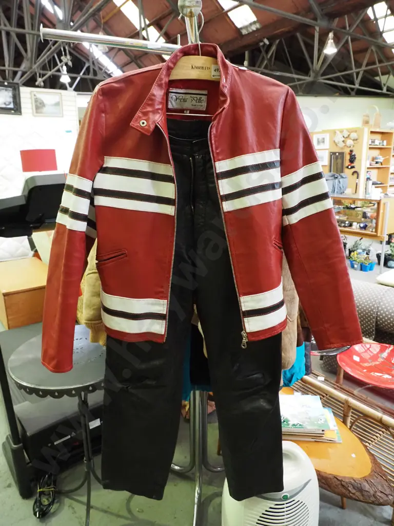 size Small black leather pants with red leather jacket Image 1++