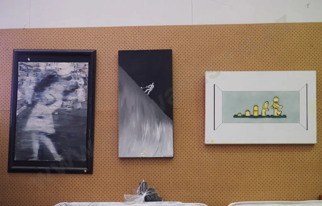 3x original artworks - abstract, person weed eating, evolution of Lego man - yellow dots Image 1++