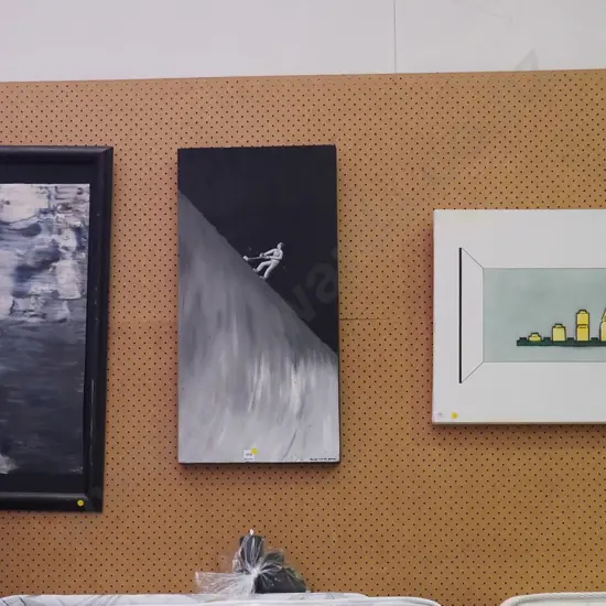 3x original artworks - abstract, person weed eating, evolution of Lego man - yellow dots