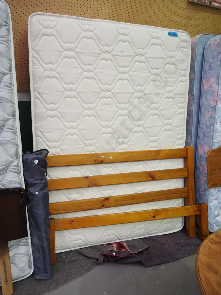 queen slat bed base, mattress  with solid pine headboard Image 1++