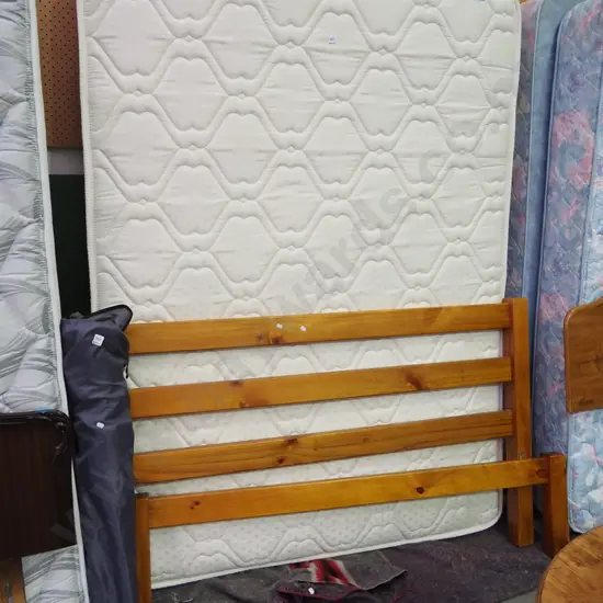 queen slat bed base, mattress  with solid pine headboard
