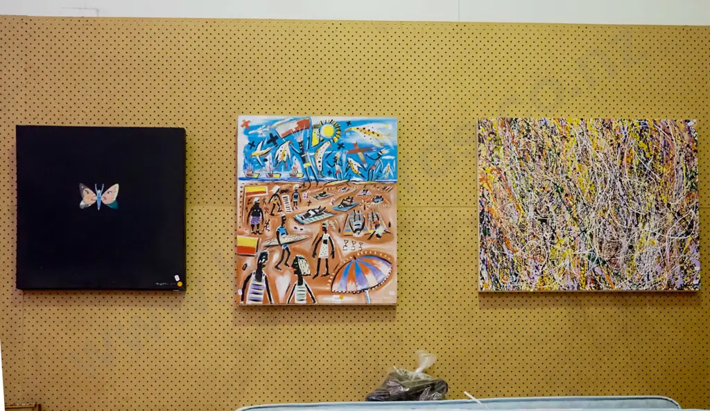 3x original artworks on canvas -  butterfly, beach scene, abstract - orange dots Image 1++