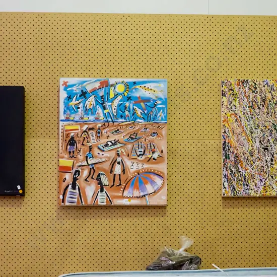 3x original artworks on canvas -  butterfly, beach scene, abstract - orange dots