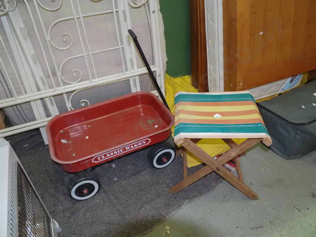 red metal child's classic wagon, striped canvas foldaway stool Image 1++