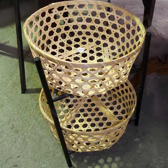metal and cane baskets on stand