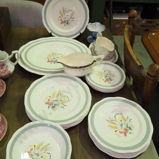 Meakin yellow wheat ashets, plates, bowls etc, Maling floral comport, 1 other jug