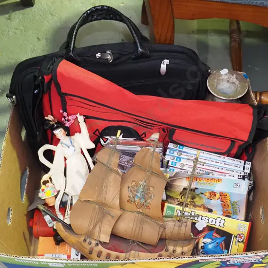box; satchels, vase, pc games, good fortune figurine etc