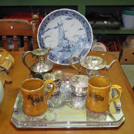 blue and white Belguim plate, plated ware, 2x Wade veteran cars beer tankards